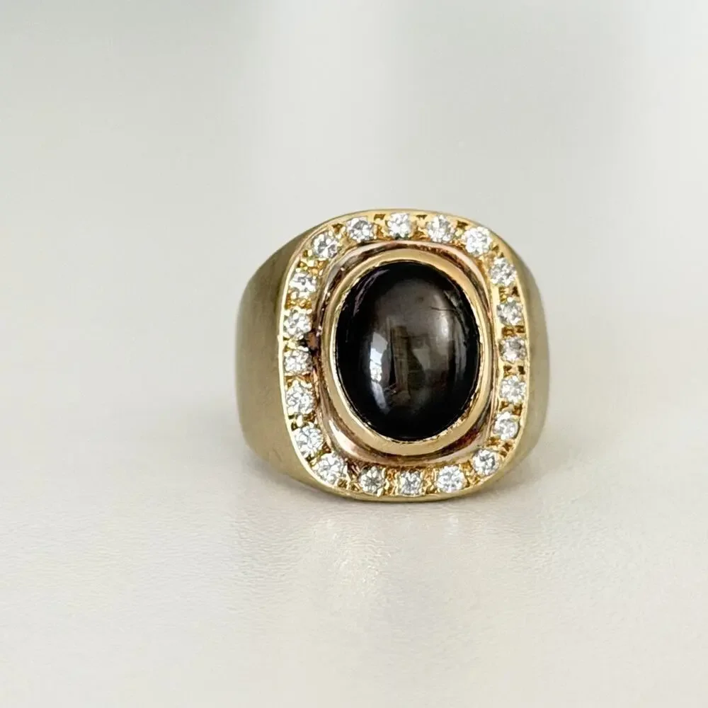 Vintage 14K Yellow Gold West Germany Smoky Cabochon Diamond Chunky Ring Sz 7.25